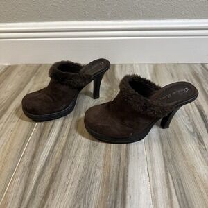 VTG Charlotte Russe Chocolate Brown SZ 7 Heeled Mules/Clogs Suede Chunky Fur Y2K